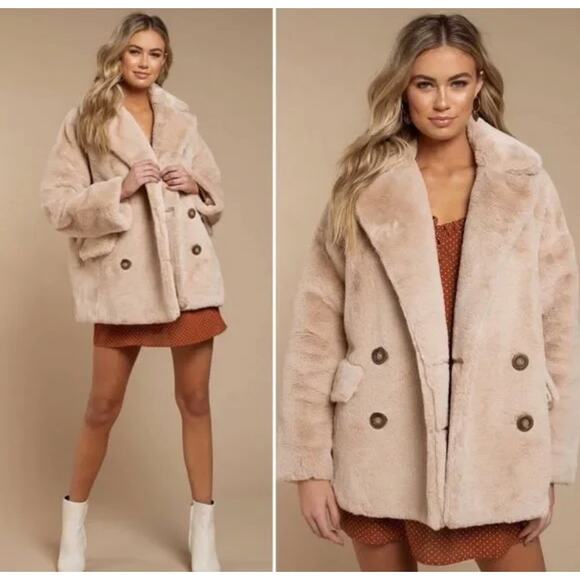 Free People Kate Faux Fur Coat Apricot Tan Double Breasted Jacket NEW S & M - Picture 1 of 16